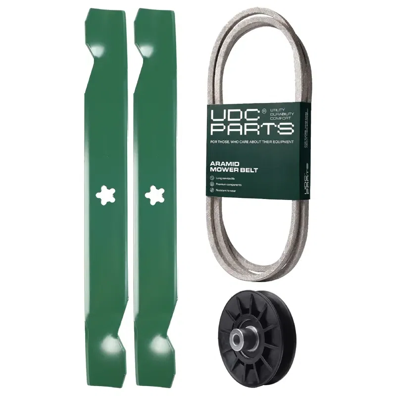 UDC Parts Mower Kit / Belt 197253 + Pulley 532194326 + 2 Pack Blades 138497 / Fits Husqvarna LT152 LTA18538 TS138