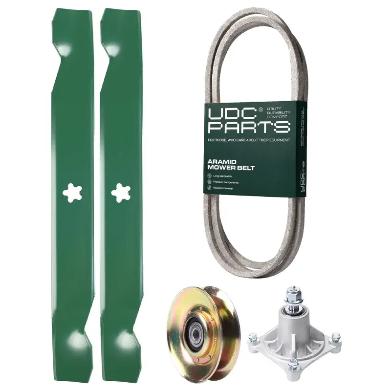 UDC Parts Mower Kit / Belt 194346 + Pulley 127783 + Spindle 532174356 + 2 Pack Blades 138497 / Fits Husqvarna LT1597