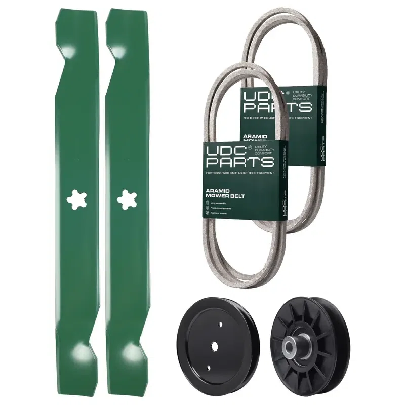 UDC Parts Mower Kit / Belt 130969 + Belt 140218 + Pulley 195945 + Pulley 532194326 + 2 Pack Blades 138497 / Fits Jonsered LT2216A2 LT2217A