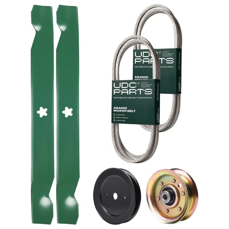 UDC Parts Mower Kit / Belt 144959 + Belt 174883 + Pulley 129861 + Pulley 173437 + 2 Pack Blades 138971 / Fits Jonsered LT16A LT18A