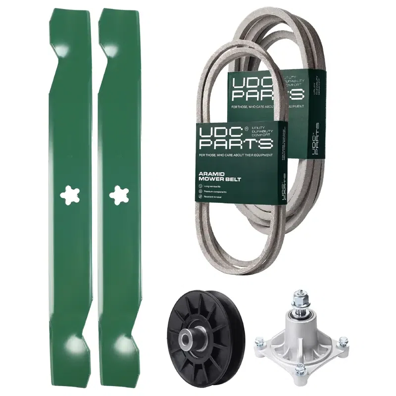 UDC Parts Mower Kit / Belt 194346 + Belt 539117245 + Pulley 532194326 + Spindle 532174356 + 2 Pack Blades 138497 / Fits Husqvarna LT1597