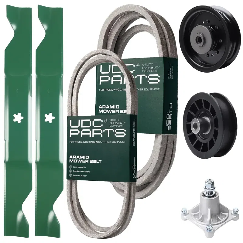 UDC Parts Mower Kit / Belt 138255 + Belt 539117245 + Pulley 532194327 + Pulley 532196104 + Spindle 532174356 + 2 Pack Blades 405380 / Fits Husqvarna LT1597