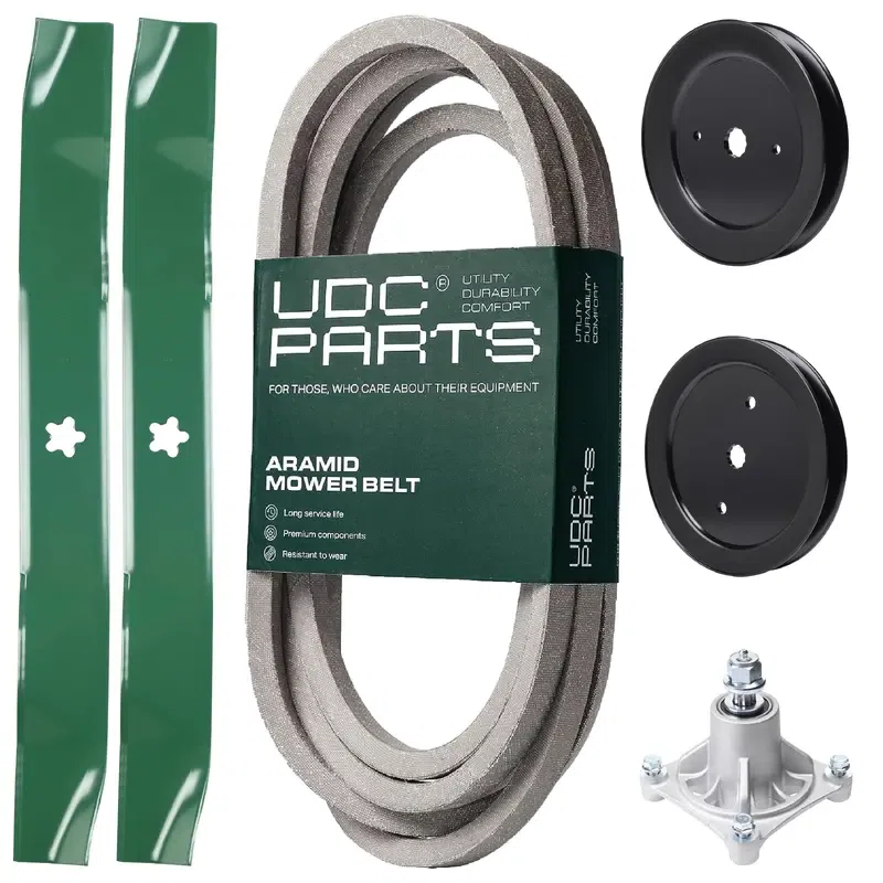 UDC Parts Mower Kit / Belt 539117245 + Pulley 129861 + Pulley 195945 + Spindle 532174356 + 2 Pack Blades 134149 / Fits Husqvarna RZ4219
