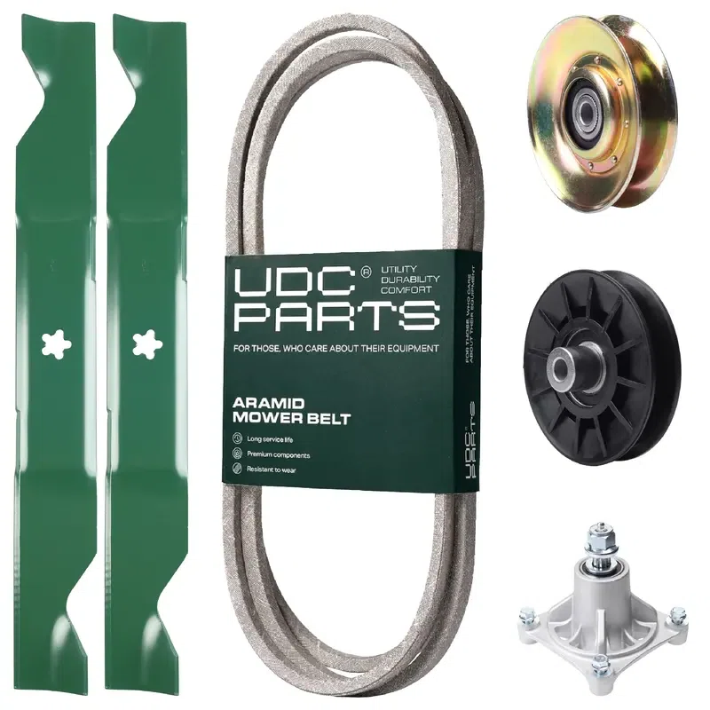 UDC Parts Mower Kit / Belt 194346 + Pulley 127783 + Pulley 532194326 + Spindle 532174356 + 2 Pack Blades 405380 / Fits Husqvarna LT1597