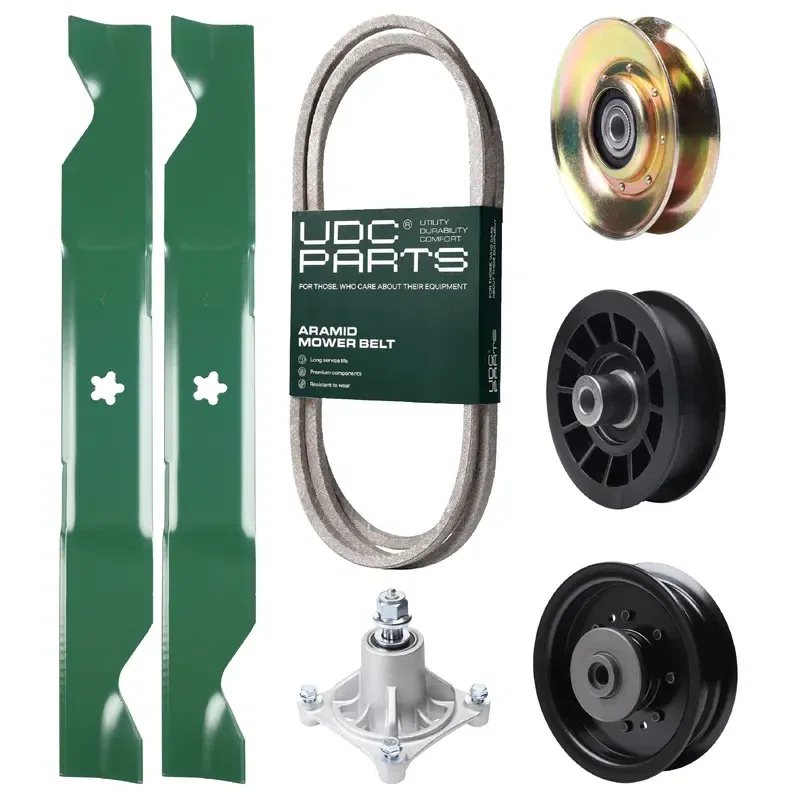 UDC Parts Mower Kit / Belt 194346 + Pulley 127783 + Pulley 532194327 + Pulley 532196104 + Spindle 532174356 + 2 Pack Blades 405380 / Fits Husqvarna LT1597