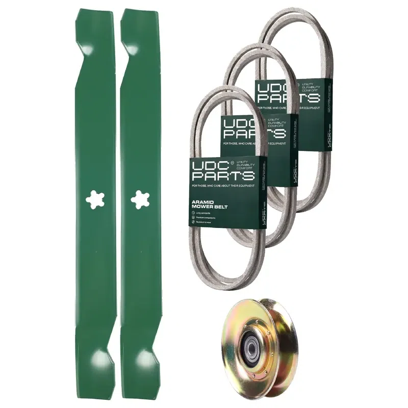 UDC Parts Mower Kit / Belt 130969 + Belt 138255 + Belt 140218 + Pulley 127783 + 2 Pack Blades 138971 / Fits Husqvarna YTH180