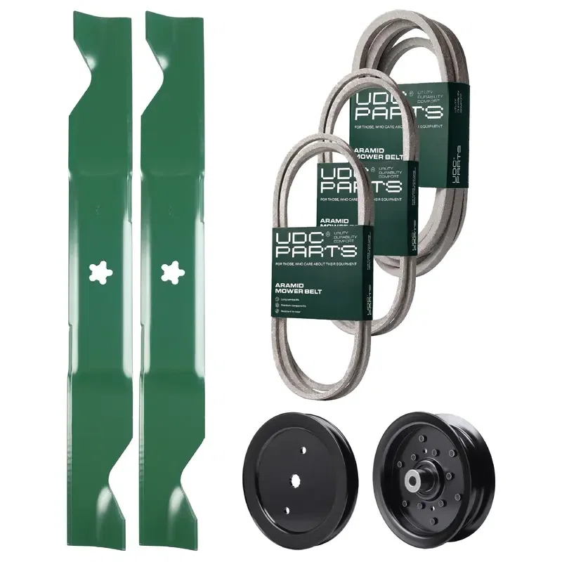UDC Parts Mower Kit / Belt 197242 + Belt 197253 + Belt 405143 + Pulley 195945 + Pulley 532196106 + 2 Pack Blades 405380 / Fits Jonsered LT2223A2