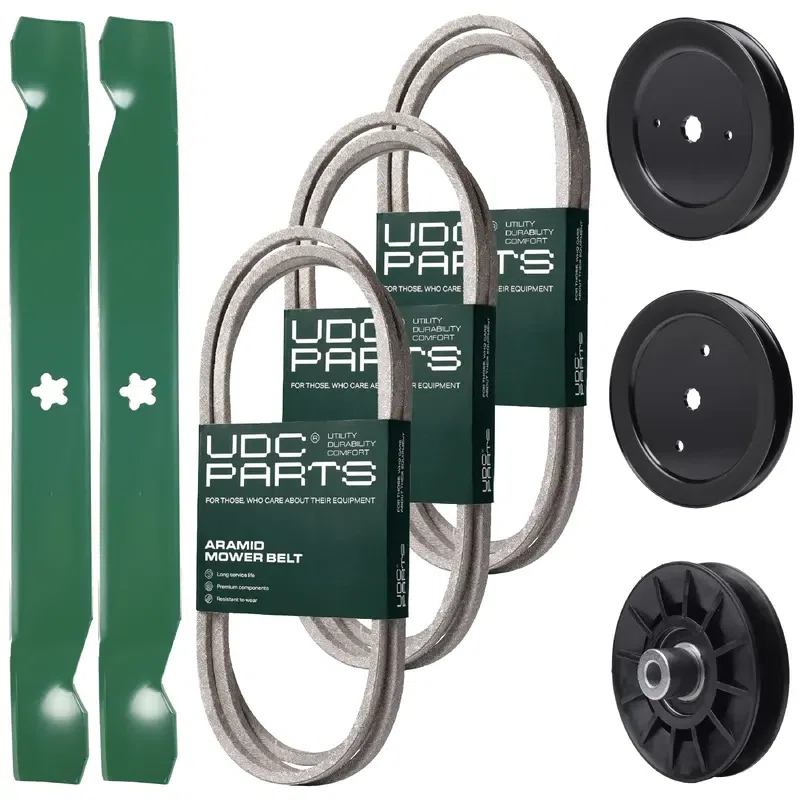 UDC Parts Mower Kit / Belt 130969 + Belt 144959 + Belt 197253 + Pulley 129861 + Pulley 195945 + Pulley 532194326 + 2 Pack Blades 138971 / Fits Husqvarna TS142