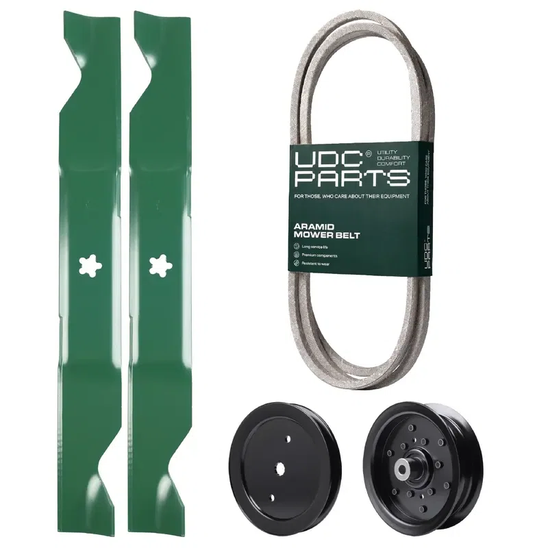 UDC Parts Mower Kit / Belt 140218 + Pulley 195945 + Pulley 532196106 + 2 Pack Blades 405380 / Fits Poulan Pro PB20H46LT PB20H46YT PB22H46YT PB22H46YTX