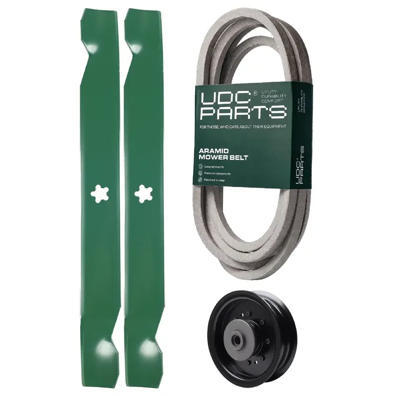 UDC Parts Mower Kit / Belt 539117245 + Pulley 532196104 + 2 Pack Blades 138971 / Fits Husqvarna RZ4619 RZ4620 RZ5422 RZ5424