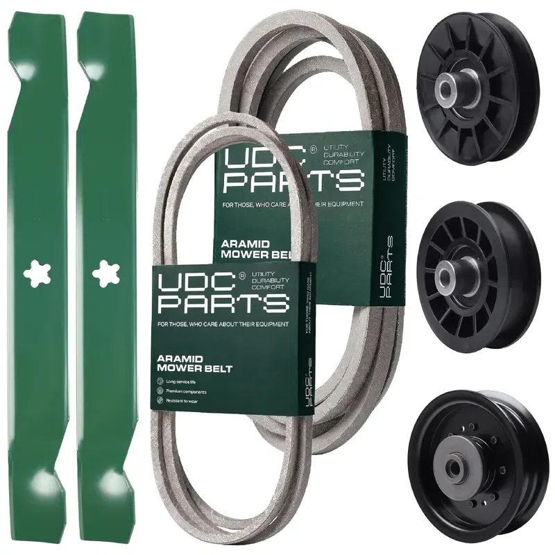 UDC Parts Mower Kit / Belt 138255 + Belt 539117245 + Pulley 532194326 + Pulley 532194327 + Pulley 532196104 + 2 Pack Blades 138497 / Fits Husqvarna LT1597