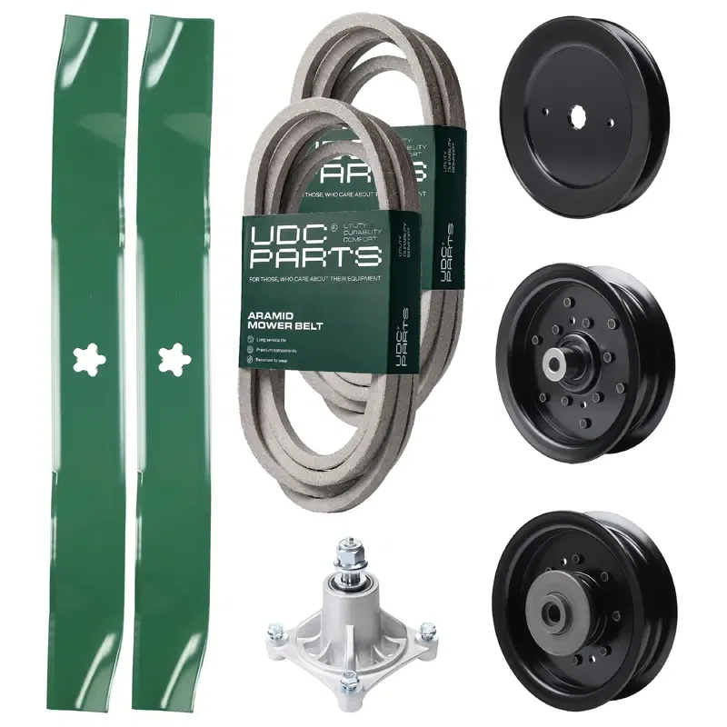UDC Parts Mower Kit / Belt 539114557 + Belt 539117245 + Pulley 129861 + Pulley 532196106 + Pulley 532196104 + Spindle 532174356 + 2 Pack Blades 134149 / Fits Husqvarna RZ4619 RZ4620 RZ5422 RZ5424