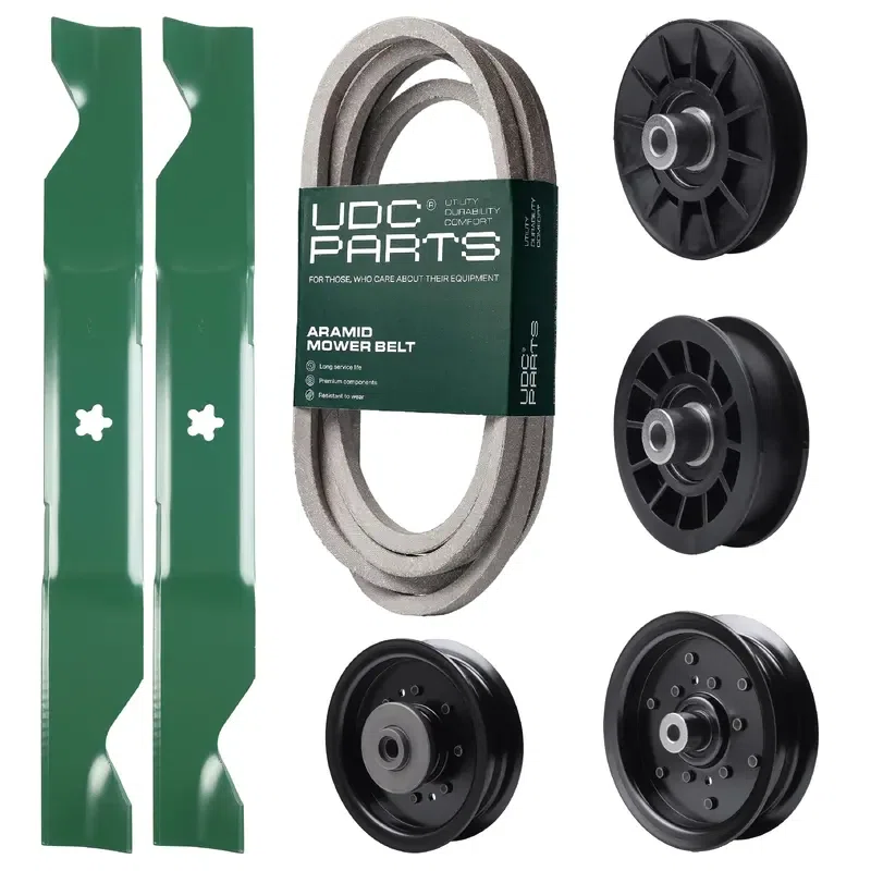 UDC Parts Mower Kit / Belt 197242 + Pulley 532194326 + Pulley 532196104 + Pulley 532196106 + Pulley 532194327 + 2 Pack Blades 405380 / Fits Husqvarna YTH220 Twin