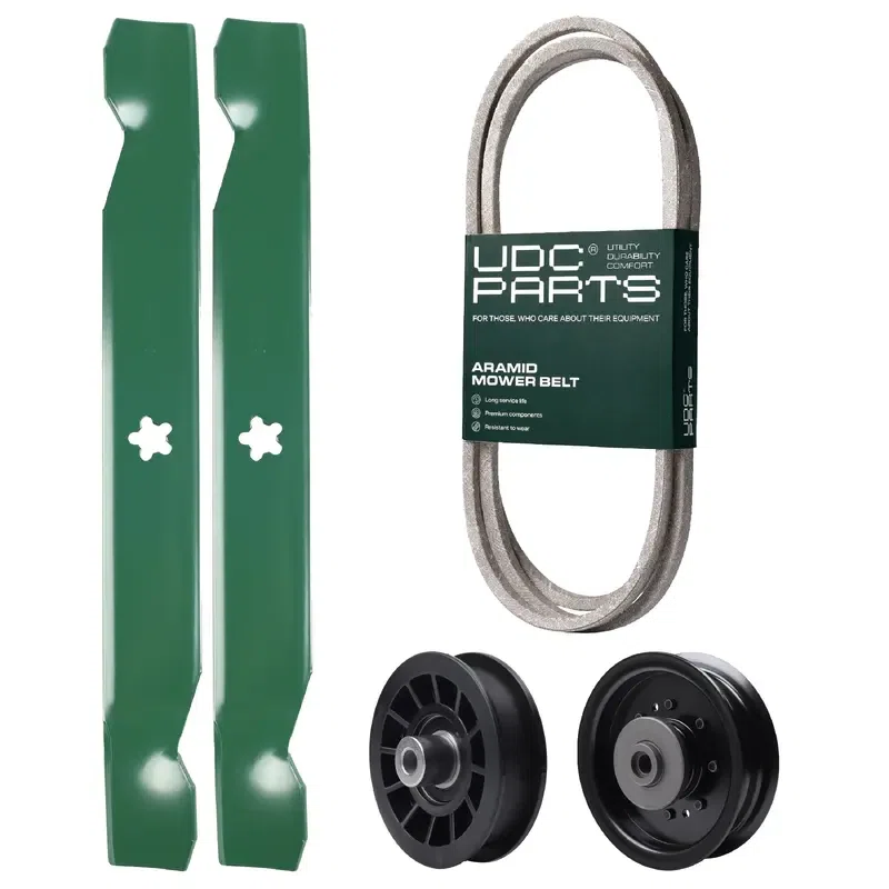 UDC Parts Mower Kit / Belt 130969 + Pulley 532194327 + Pulley 532196104 + 2 Pack Blades 138497 / Fits Husqvarna YTH22V42LS