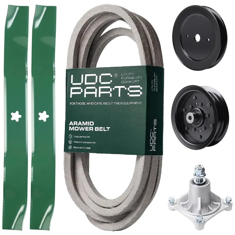UDC Parts Mower Kit / Belt 539114557 + Pulley 129861 + Pulley 532196106 + Spindle 532174356 + 2 Pack Blades 134149 / Fits Husqvarna RZ4219 RZ4619 RZ4620 RZ5422 RZ5424