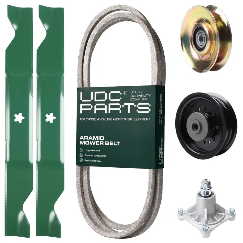 UDC Parts Mower Kit / Belt 138255 + Pulley 127783 + Pulley 532196104 + Spindle 532174356 + 2 Pack Blades 405380 / Fits Husqvarna LT1597