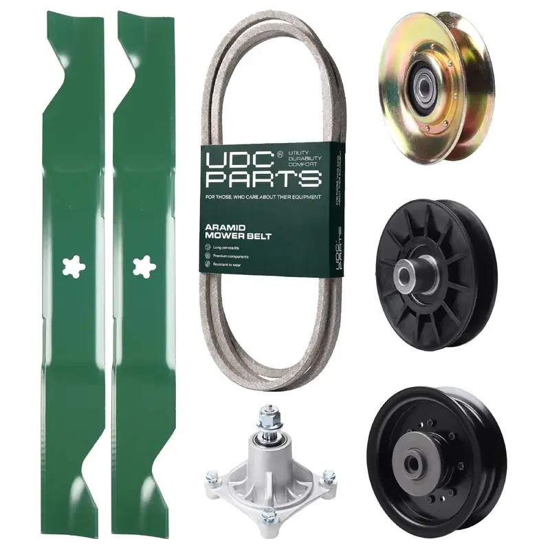 UDC Parts Mower Kit / Belt 138255 + Pulley 127783 + Pulley 532194326 + Pulley 532196104 + Spindle 532174356 + 2 Pack Blades 405380 / Fits Husqvarna LT1597