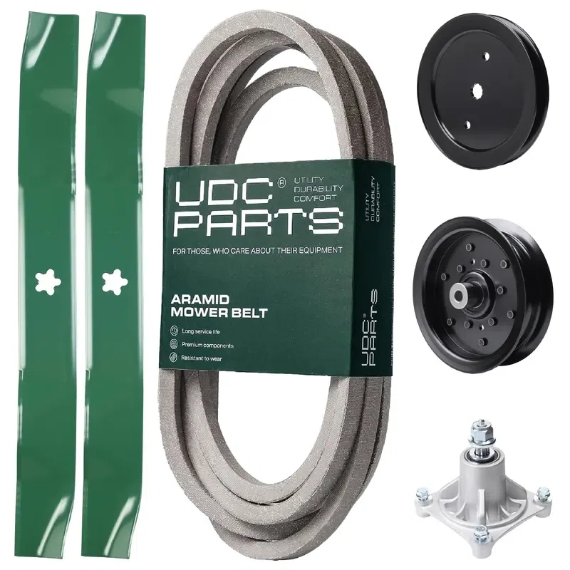 UDC Parts Mower Kit / Belt 539117245 + Pulley 195945 + Pulley 532196106 + Spindle 532174356 + 2 Pack Blades 134149 / Fits Husqvarna RZ4219