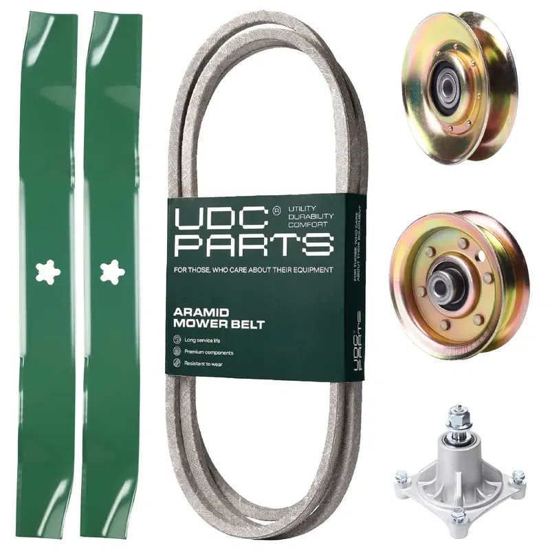 UDC Parts Mower Kit / Belt 180808 + Pulley 127783 + Pulley 173437 + Spindle 532174356 + 2 Pack Blades 134149 / Fits Jonsered LT2122A2
