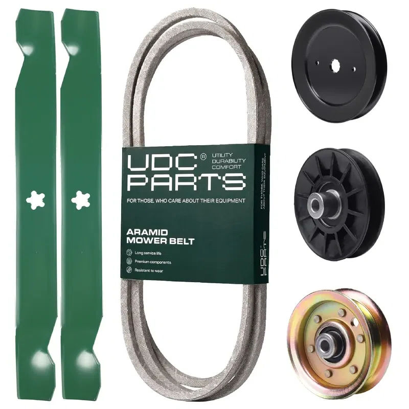 UDC Parts Mower Kit / Belt 140218 + Pulley 129861 + Pulley 532194326 + Pulley 173437 + 2 Pack Blades 138971 / Fits Husqvarna YTH2042 XP