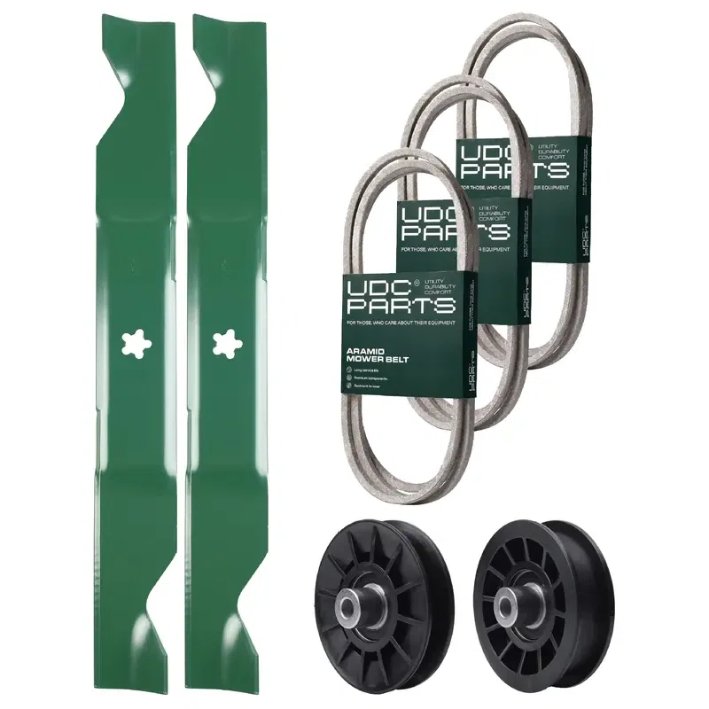UDC Parts Mower Kit / Belt 130969 + Belt 197253 + Belt 405143 + Pulley 532194326 + Pulley 532194327 + 2 Pack Blades 405380 / Fits Husqvarna YTH20K46