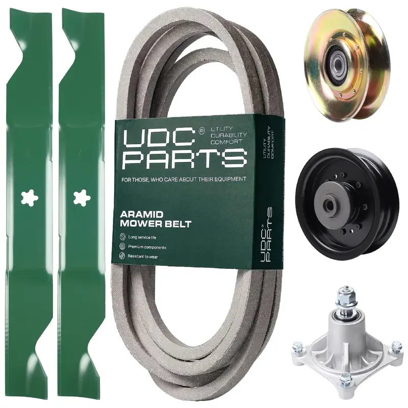 UDC Parts Mower Kit / Belt 539117245 + Pulley 127783 + Pulley 532196104 + Spindle 532174356 + 2 Pack Blades 405380 / Fits Husqvarna LT1597