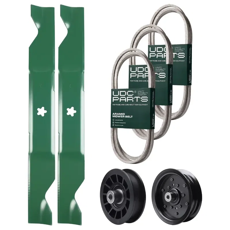 UDC Parts Mower Kit / Belt 130969 + Belt 140218 + Belt 405143 + Pulley 532196106 + Pulley 532194327 + 2 Pack Blades 405380 / Fits Poulan Pro PB22H46YT