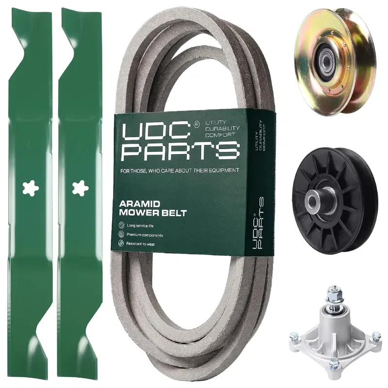 UDC Parts Mower Kit / Belt 539117245 + Pulley 127783 + Pulley 532194326 + Spindle 532174356 + 2 Pack Blades 405380 / Fits Husqvarna LT1597