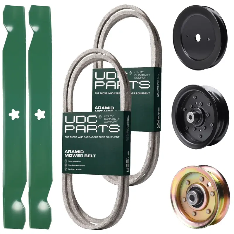 UDC Parts Mower Kit / Belt 140218 + Belt 144959 + Pulley 129861 + Pulley 532196106 + Pulley 173437 + 2 Pack Blades 138971 / Fits Husqvarna YTH2042 XP