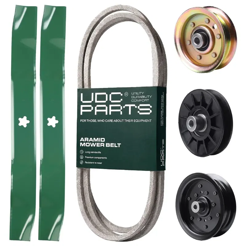 UDC Parts Mower Kit / Belt 144959 + Pulley 532194326 + Pulley 532196106 + Pulley 173437 + 2 Pack Blades 134149 / Fits Husqvarna YTH2042 XP