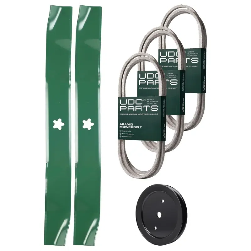 UDC Parts Mower Kit / Belt 130969 + Belt 140218 + Belt 197253 + Pulley 195945 + 2 Pack Blades 134149 / Fits Jonsered LT2216A2 LT2217A LT2223A2