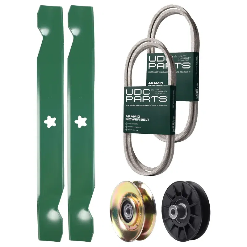 UDC Parts Mower Kit / Belt 532194346 + Belt 197253 + Pulley 127783 + Pulley 532194326 + 2 Pack Blades 138497 / Fits Husqvarna LT152