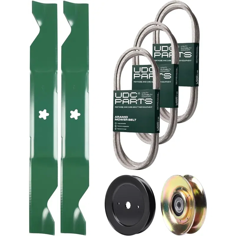 UDC Parts Mower Kit / Belt 130969 + Belt 140294 + Belt 405143 + Pulley 129861 + 2 Pack Blades 405380 / Fits Husqvarna YTH200