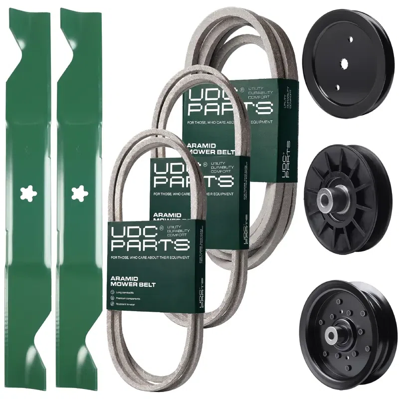 UDC Parts Mower Kit / Belt 130969 + Belt 197242 + Belt 197253 + Pulley 195945 + Pulley 532194326 + Pulley 532196106 + 2 Pack Blades 405380 / Fits Jonsered LT2223A2