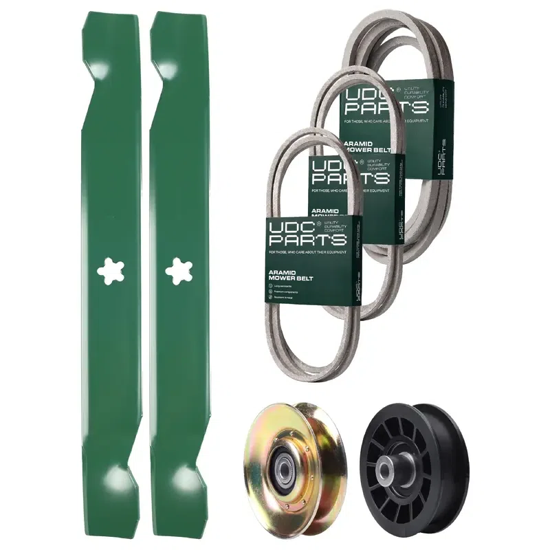 UDC Parts Mower Kit / Belt 138255 + Belt 194346 + Belt 539117245 + Pulley 127783 + Pulley 532194327 + 2 Pack Blades 138497 / Fits Husqvarna LT1597