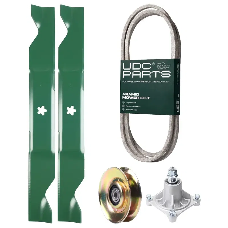 UDC Parts Mower Kit / Belt 138255 + Pulley 127783 + Spindle 532174356 + 2 Pack Blades 405380 / Fits Husqvarna LT1597