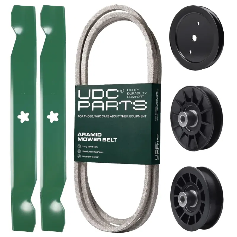 UDC Parts Mower Kit / Belt 140218 + Pulley 195945 + Pulley 532194326 + Pulley 532194327 + 2 Pack Blades 138497 / Fits Jonsered LT2216A2 LT2217A