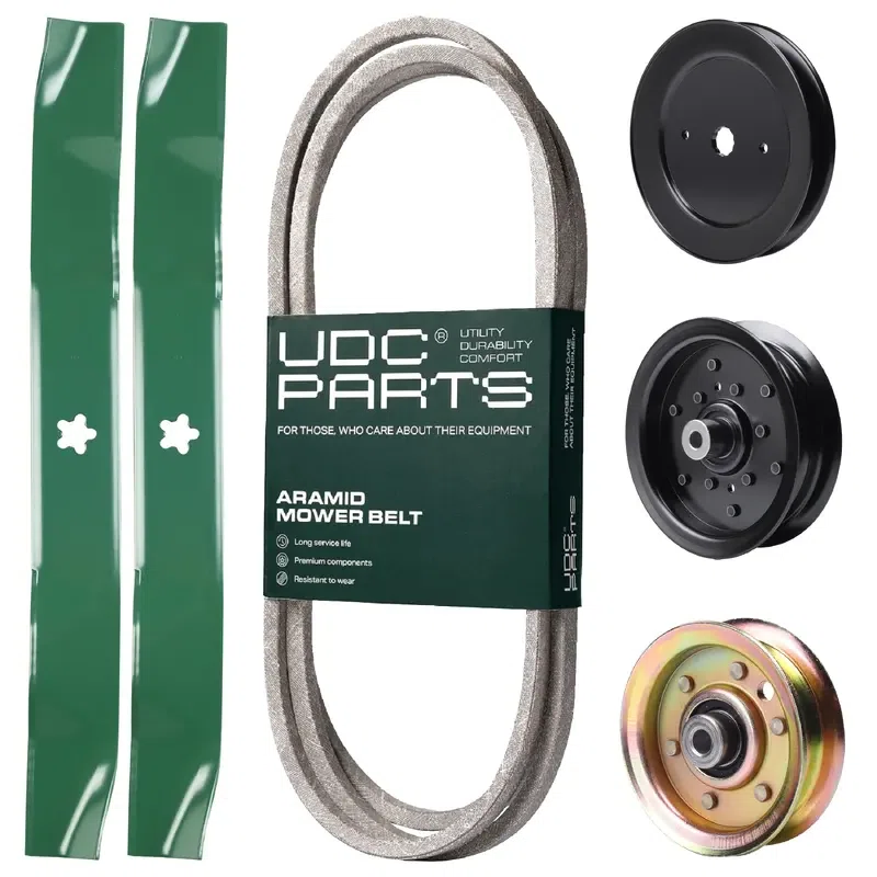 UDC Parts Mower Kit / Belt 144959 + Pulley 129861 + Pulley 532196106 + Pulley 173437 + 2 Pack Blades 134149 / Fits Husqvarna YTH2042 XP