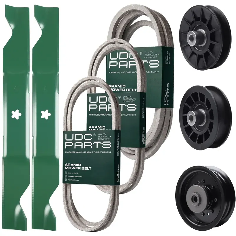 UDC Parts Mower Kit / Belt 140218 + Belt 197242 + Belt 405143 + Pulley 532194326 + Pulley 532196104 + Pulley 532194327 + 2 Pack Blades 405380 / Fits Husqvarna YTH220 Twin