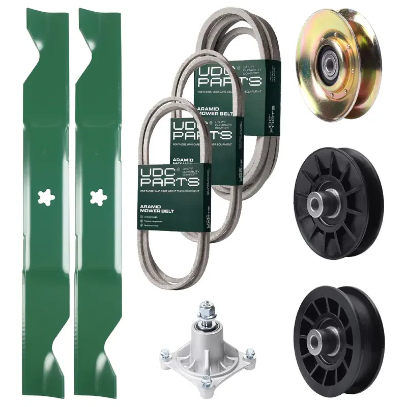 UDC Parts Mower Kit / Belt 138255 + Belt 194346 + Belt 539117245 + Pulley 127783 + Pulley 532194326 + Pulley 532194327 + Spindle 532174356 + 2 Pack Blades 405380 / Fits Husqvarna LT1597