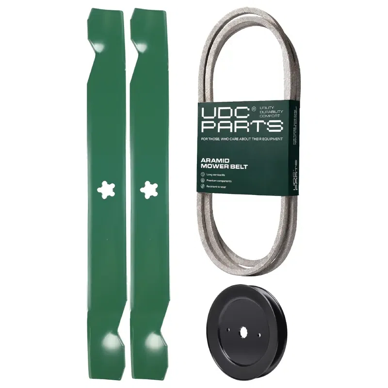 UDC Parts Mower Kit / Belt 130969 + Pulley 129861 + 2 Pack Blades 138971 / Fits Central Park CP12542A CP1442A CP1842A CP1842B CP1842C