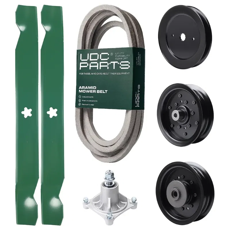 UDC Parts Mower Kit / Belt 539114557 + Pulley 129861 + Pulley 532196106 + Pulley 532196104 + Spindle 532174356 + 2 Pack Blades 138971 / Fits Husqvarna RZ4619 RZ4620 RZ5422 RZ5424