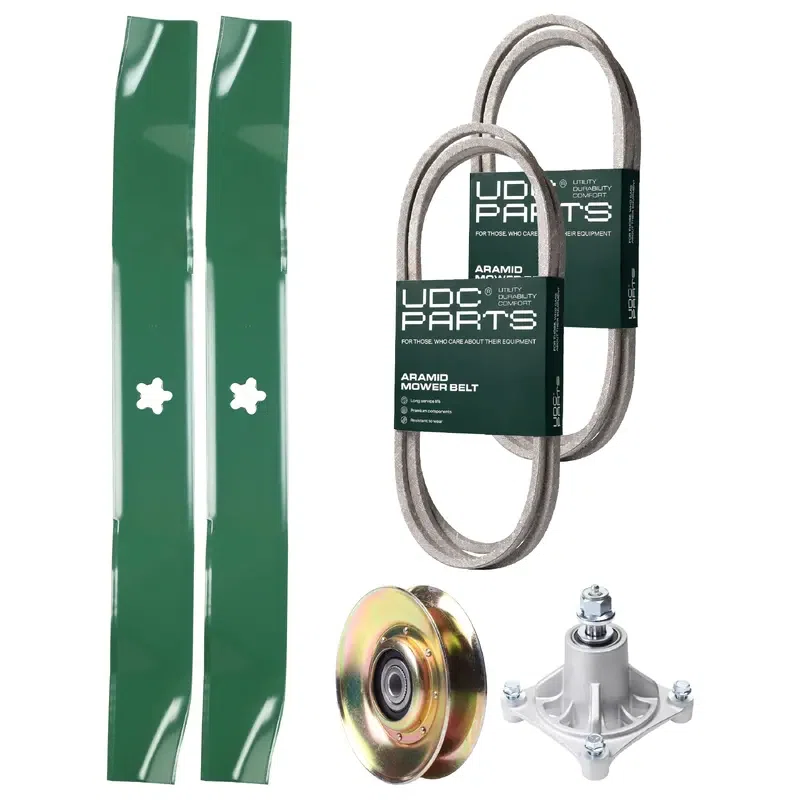 UDC Parts Mower Kit / Belt 140294 + Belt 174883 + Pulley 127783 + Spindle 532174356 + 2 Pack Blades 134149 / Fits Husqvarna LTH1542