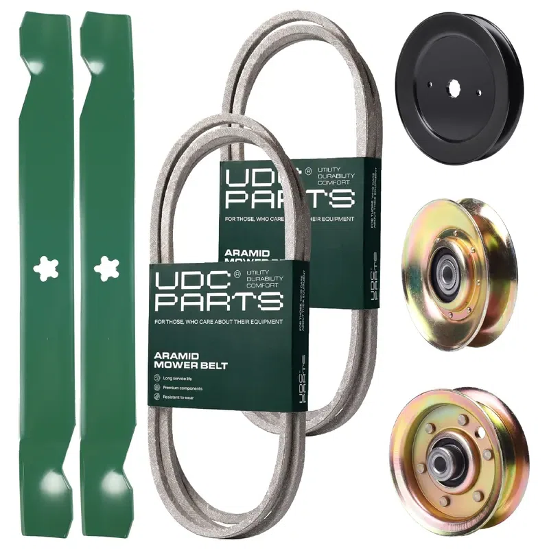 UDC Parts Mower Kit / Belt 140294 + Belt 144959 + Pulley 127783 + Pulley 129861 + Pulley 173437 + 2 Pack Blades 138971 / Fits Poulan Pro BB185H42YT BB24H42YT CO18H42STA DPR20H42STA PB19H42LT