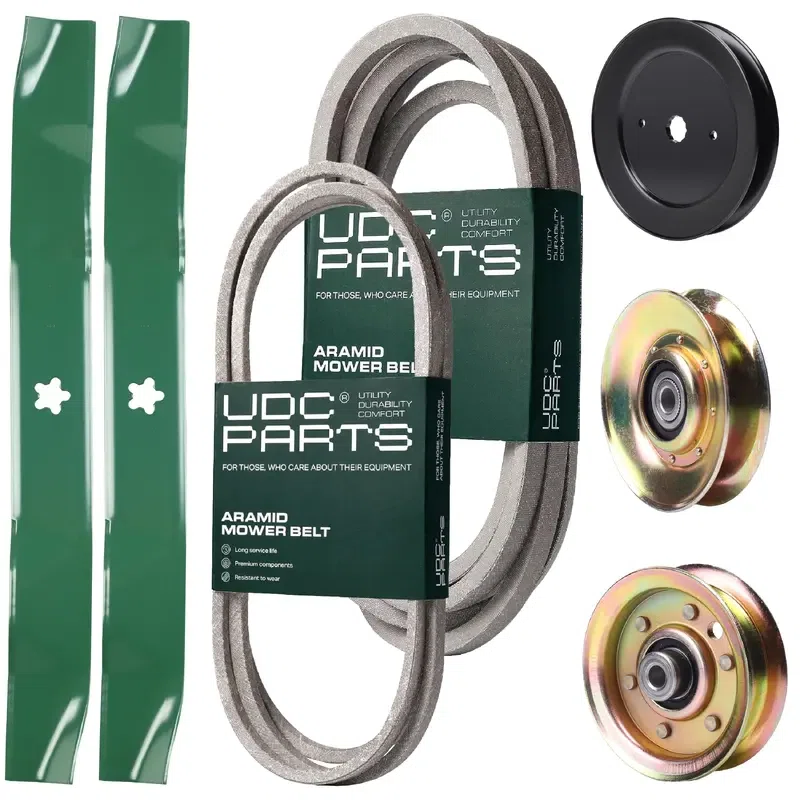 UDC Parts Mower Kit / Belt 174883 + Belt 539109243 + Pulley 127783 + Pulley 129861 + Pulley 173437 + 2 Pack Blades 134149 / Fits Husqvarna LTH1542
