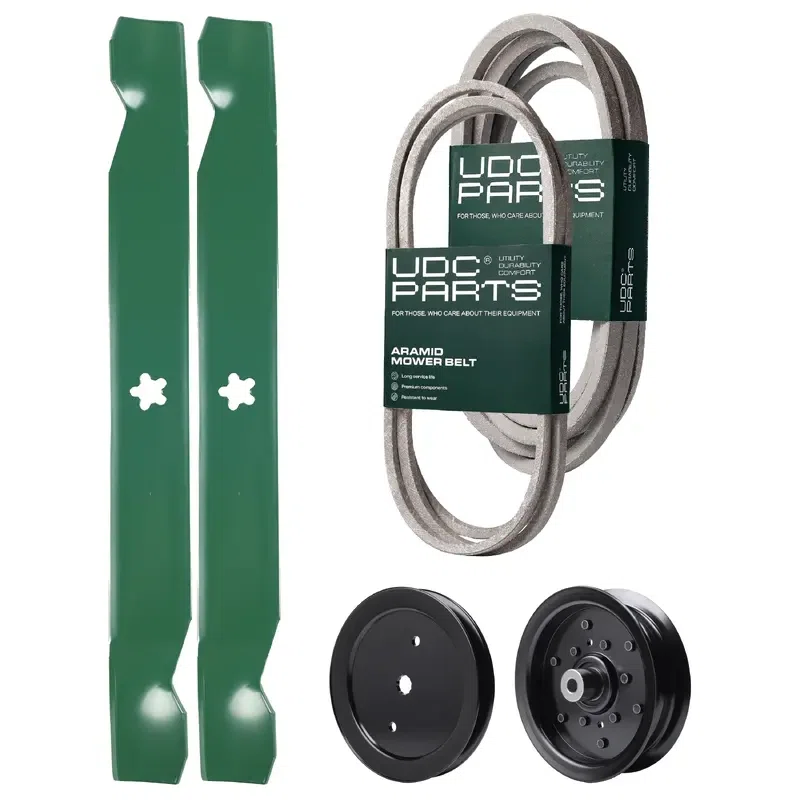 UDC Parts Mower Kit / Belt 140218 + Belt 197242 + Pulley 195945 + Pulley 532196106 + 2 Pack Blades 138971 / Fits Jonsered LT2223A2