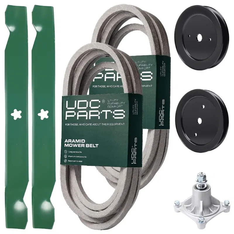 UDC Parts Mower Kit / Belt 539114557 + Belt 539117245 + Pulley 129861 + Pulley 195945 + Spindle 532174356 + 2 Pack Blades 138971 / Fits Husqvarna RZ4219