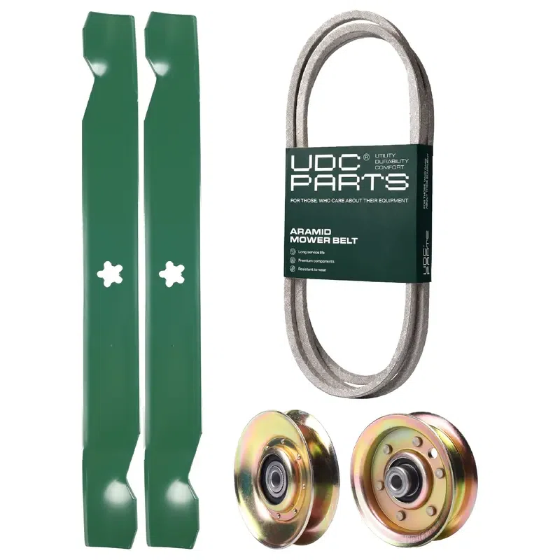 UDC Parts Mower Kit / Belt 138255 + Pulley 127783 + Pulley 532173437 + 2 Pack Blades 138971 / Fits Weed Eater WET1742STA WET2242STB WET2242STC WET2242STD