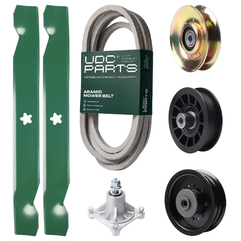 UDC Parts Mower Kit / Belt 539117245 + Pulley 127783 + Pulley 532194327 + Pulley 532196104 + Spindle 532174356 + 2 Pack Blades 138497 / Fits Husqvarna LT1597