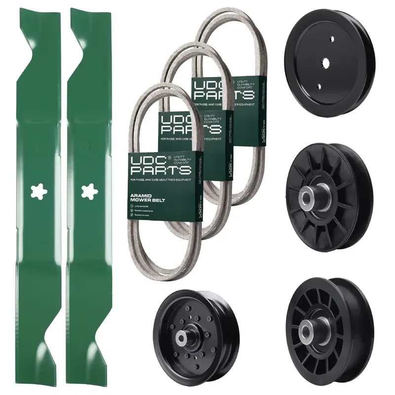 UDC Parts Mower Kit / Belt 130969 + Belt 140218 + Belt 405143 + Pulley 195945 + Pulley 532194326 + Pulley 532196106 + Pulley 532194327 + 2 Pack Blades 405380 / Fits Poulan Pro PB22H46YT